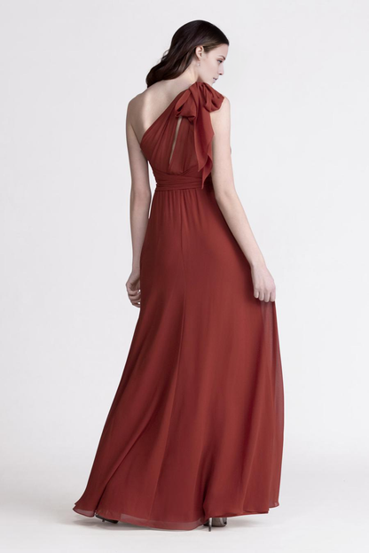asymmetrical neckline backless and floor length evening dress