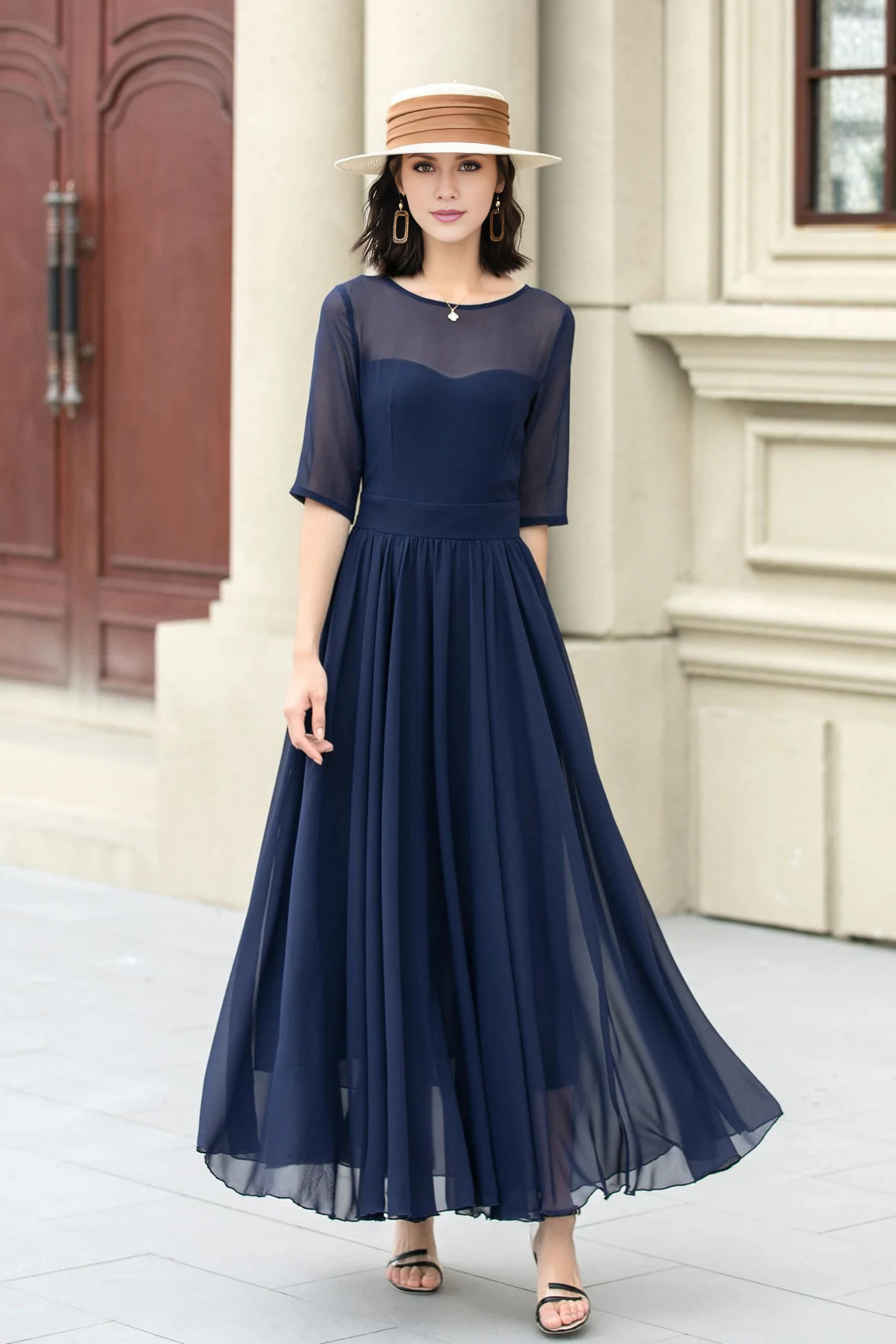Ship Neck Short Sleeve Chiffon Horn Long Prom Dress