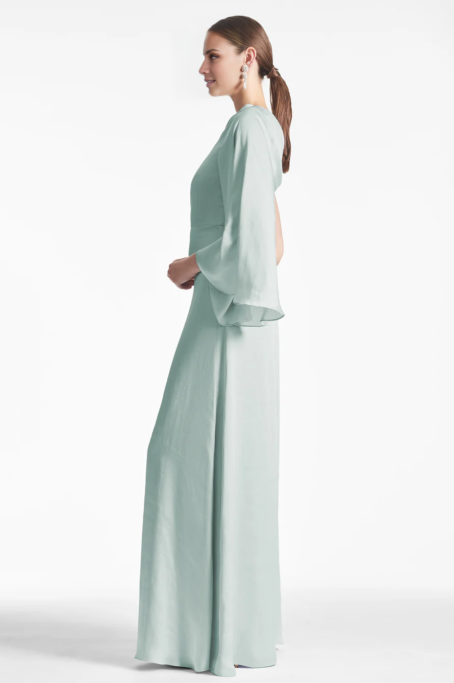 asymmetrical neckline off shoulder long sleeved backless and floor length Prom dress