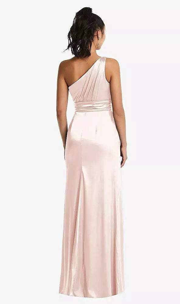 One shoulder hanging satin and floor length Prom dress
