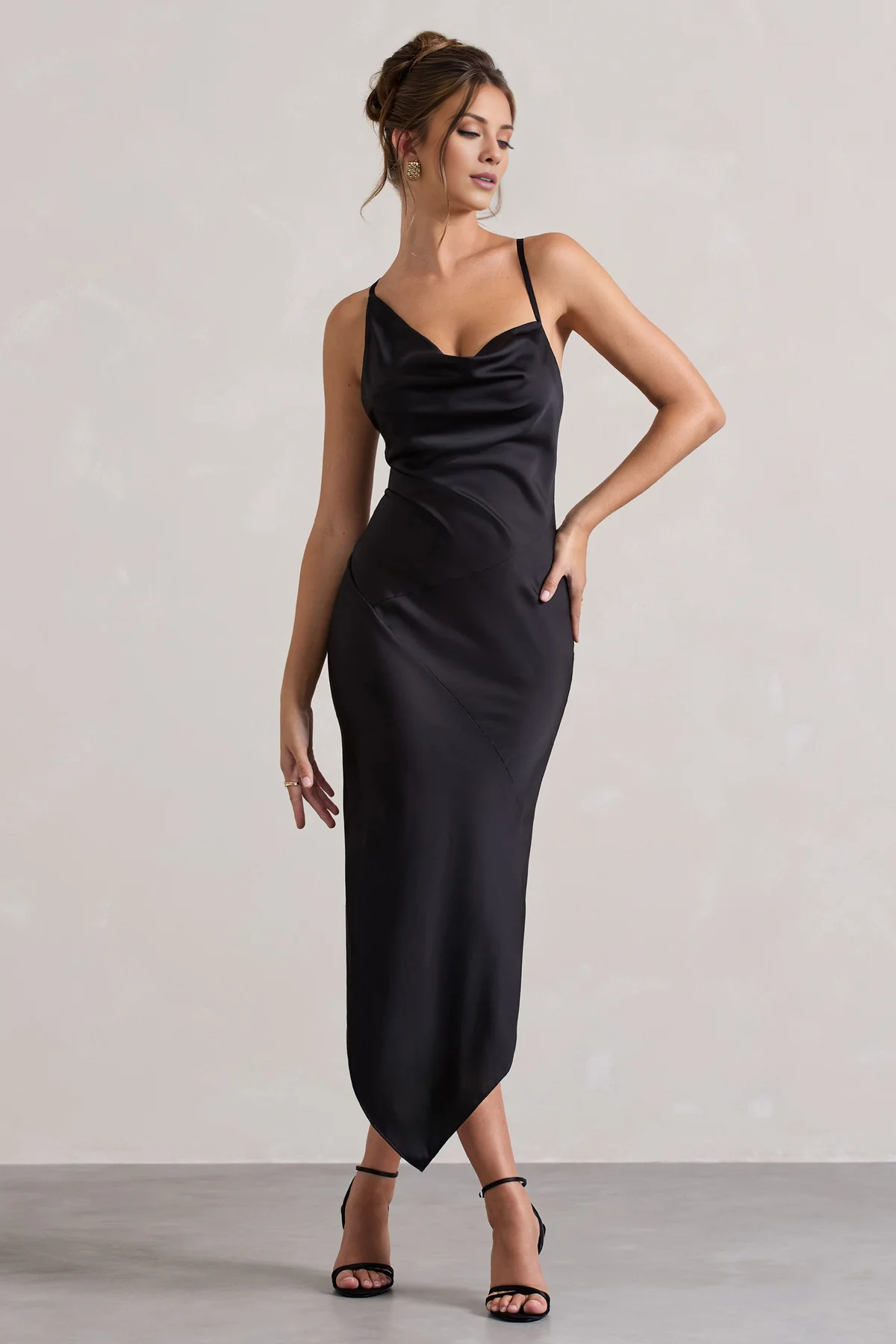 Asymmetric hanging collar backless satin mid length evening dress - dress