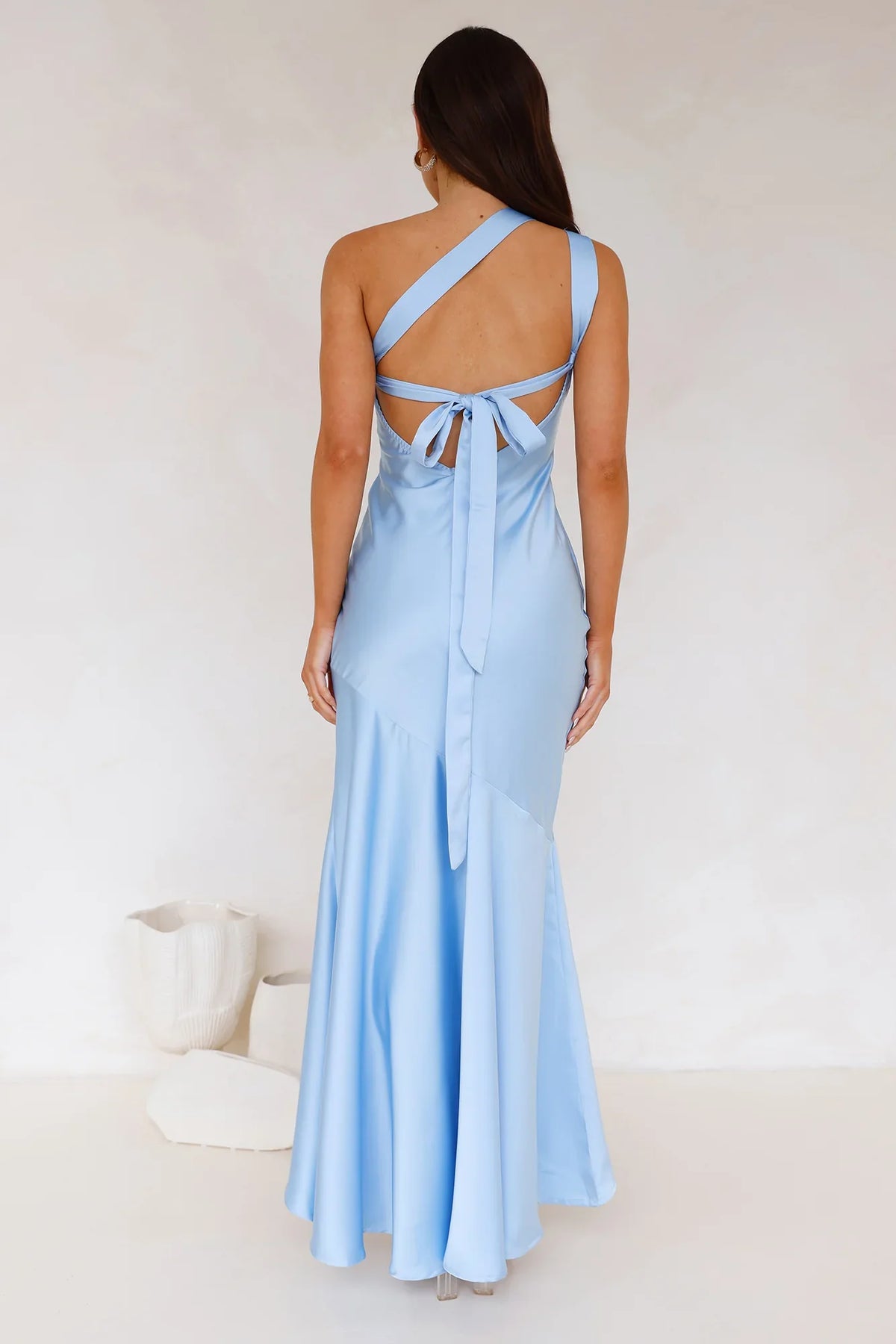 single shoulder collar satin backless lace up and floor length Prom dress