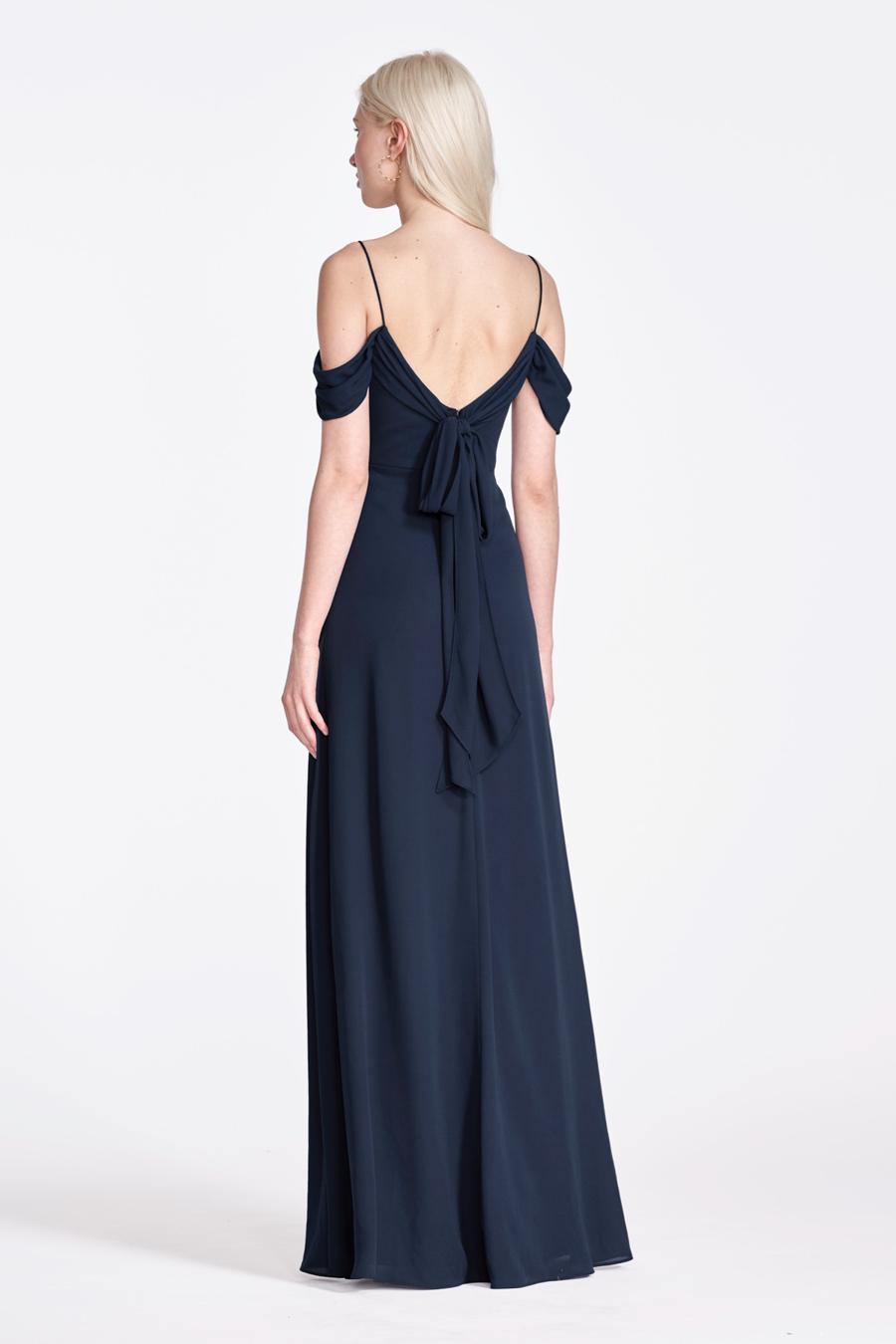off shoulder collar sleeveless thin shoulder strap backless and floor length evening dress