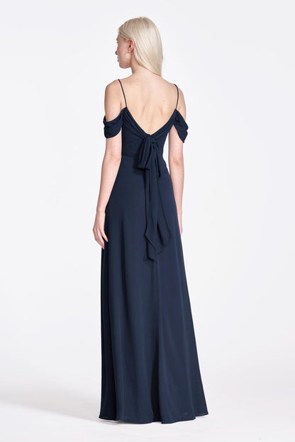 off shoulder collar sleeveless thin shoulder strap backless and floor length evening dress