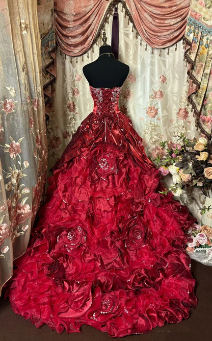 girlhomeshops-Burgundy Satin Beaded Strapless Sleeveless Floor-Length Train Ball Gown gh6315