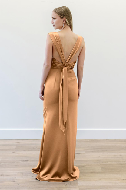 square neckline pleated detail sleeveless backless and floor length evening dress