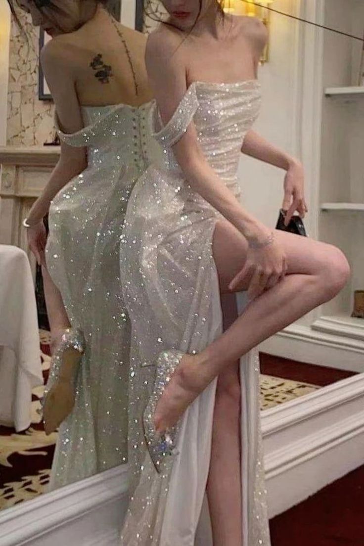 Shinny High Slit Women Formal Evening Party Prom Gowns