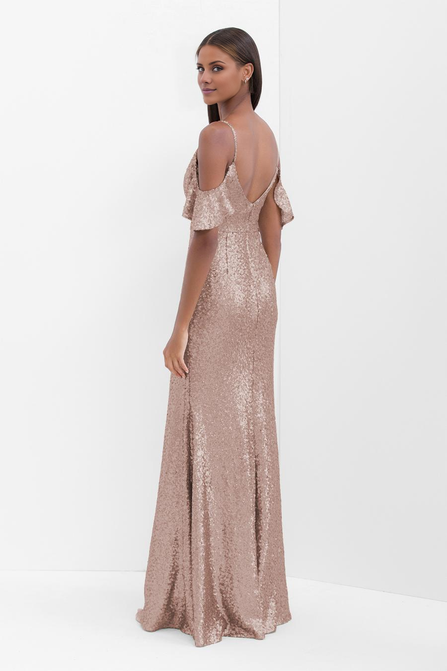 V-neck sleeveless sequin thin shoulder strap backless and floor length evening dress