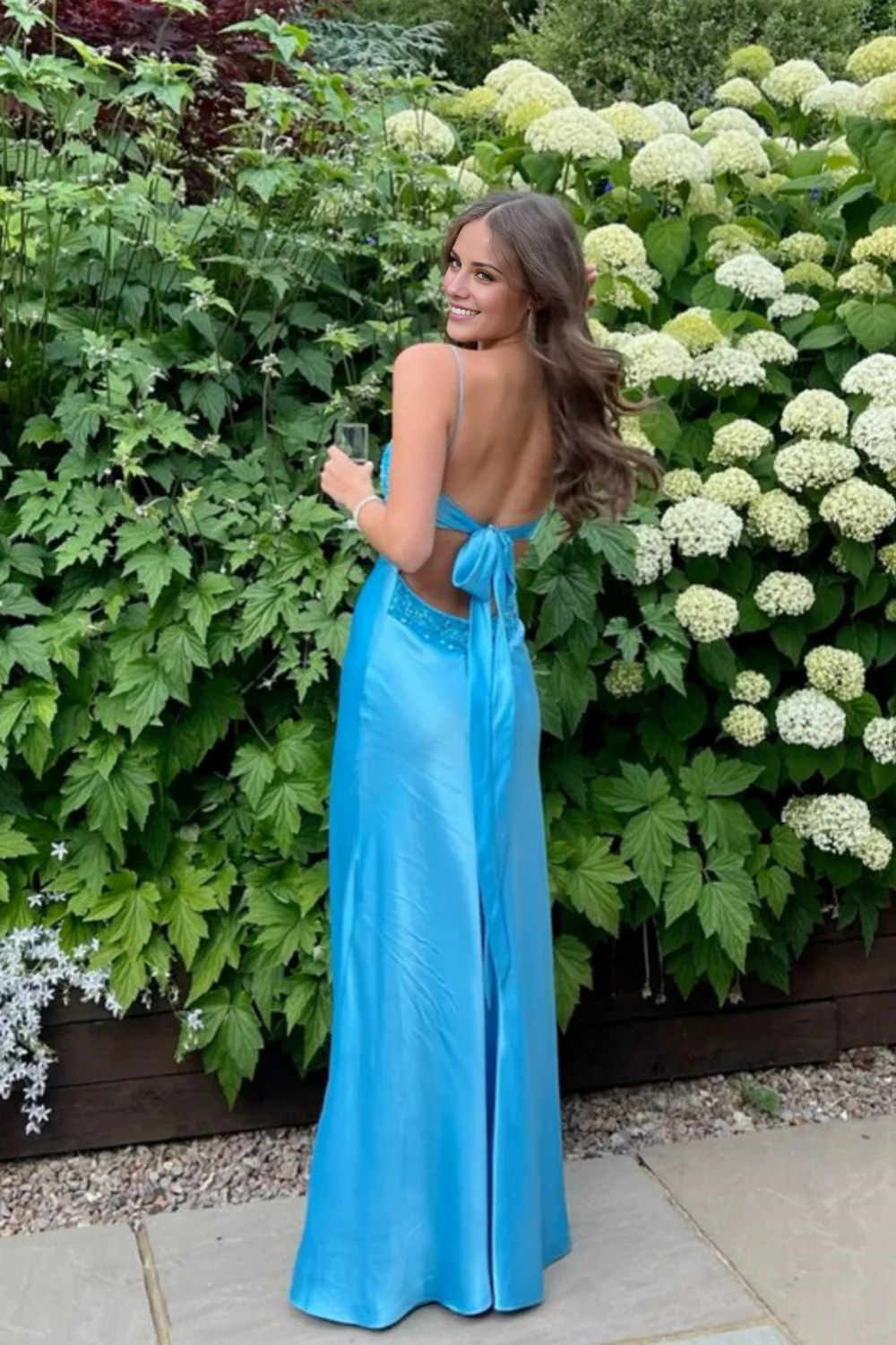 V-neck blue beaded back strap A-line long dress