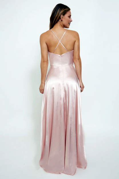 square neckline off shoulder thin shoulder strap sleeveless backless side slit and floor length evening dress