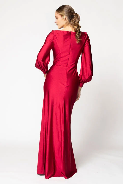 V-neck off shoulder long sleeved back zipper and floor length Prom dress