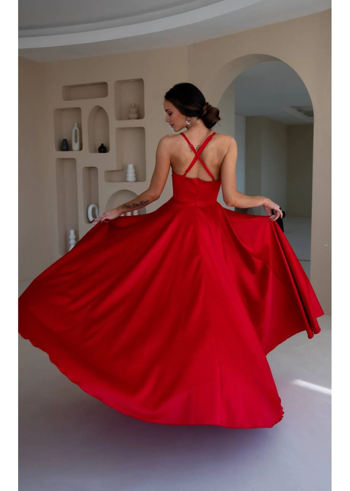 slim shoulder strap V-neck backless side slit and floor length evening dress