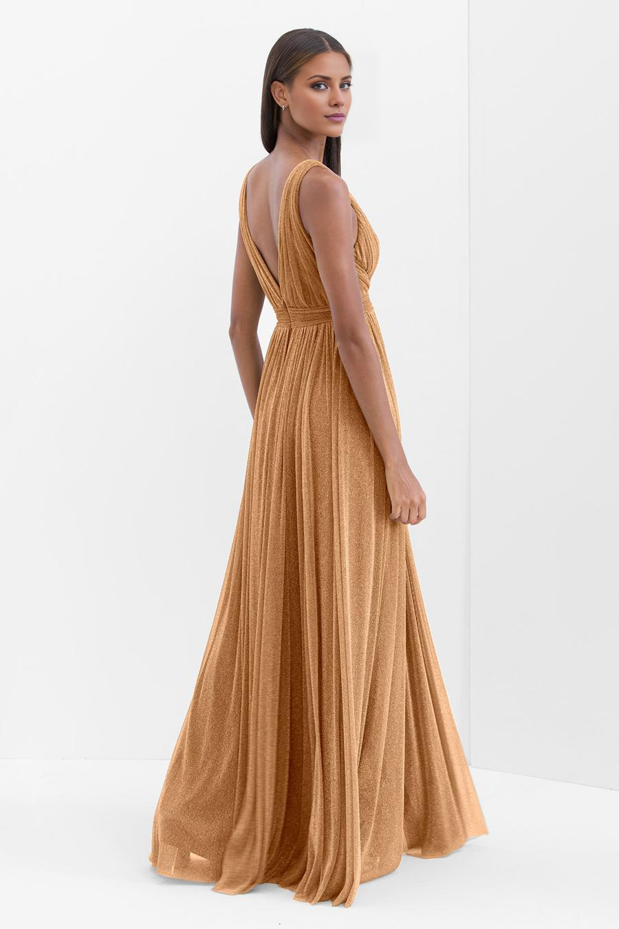 deep V-neck sleeveless pleated backless and floor length evening dress