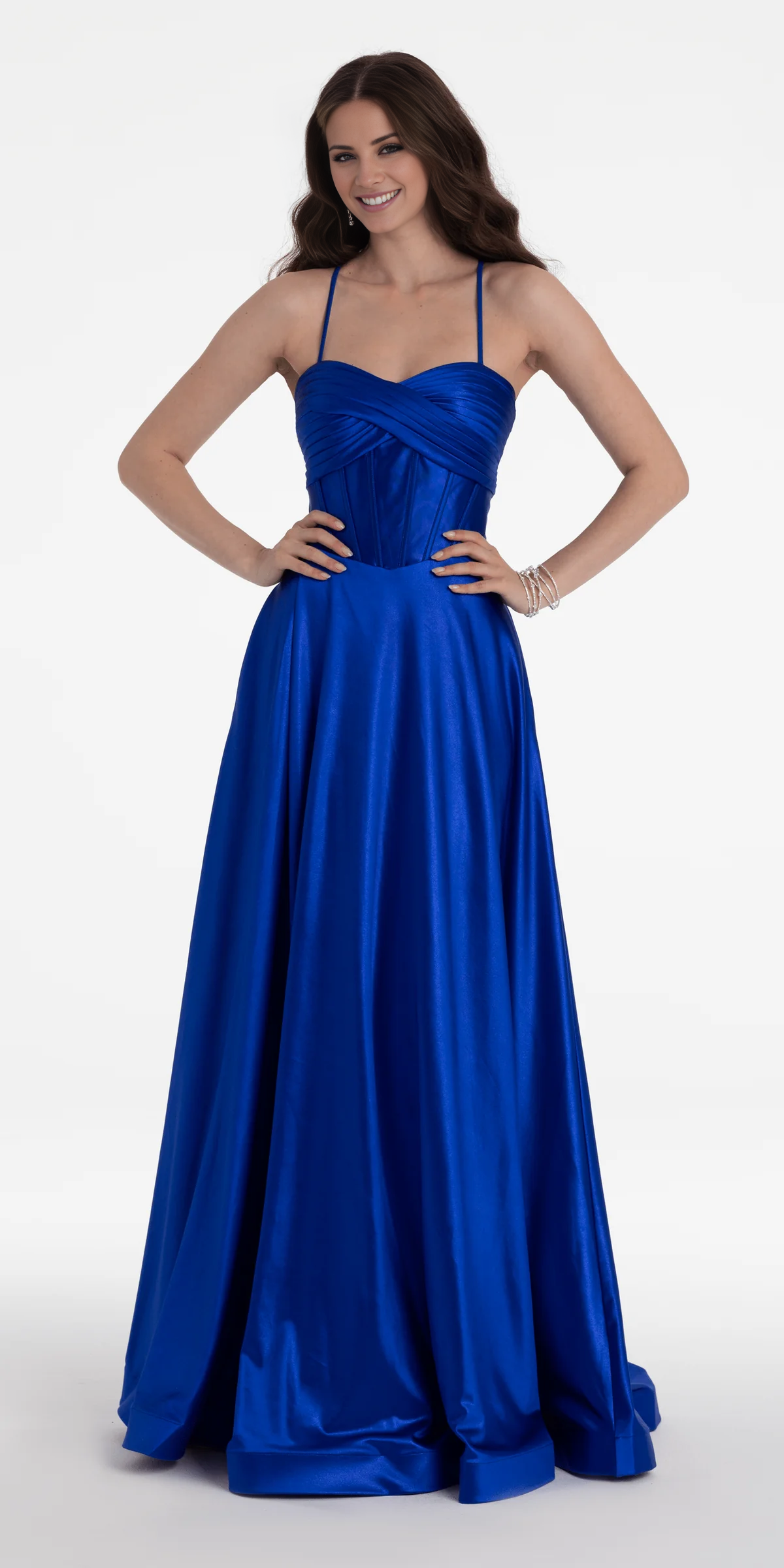 off shoulder satin thin shoulder strap tight corset and floor length Prom dress