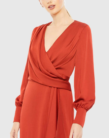 A-line V-neck long sleeve side slit floor-length evening dress
