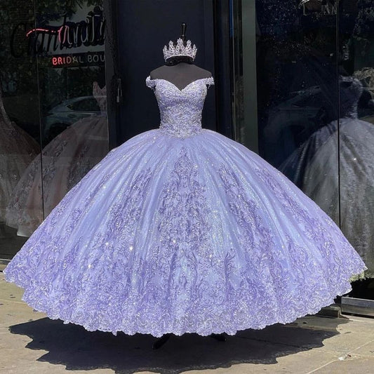 Lavender Off Shoulder Ball Gown Quinceanera Dresses Vestidos De 15 Anos Lace Glitter Skirt Princess Party Gowns