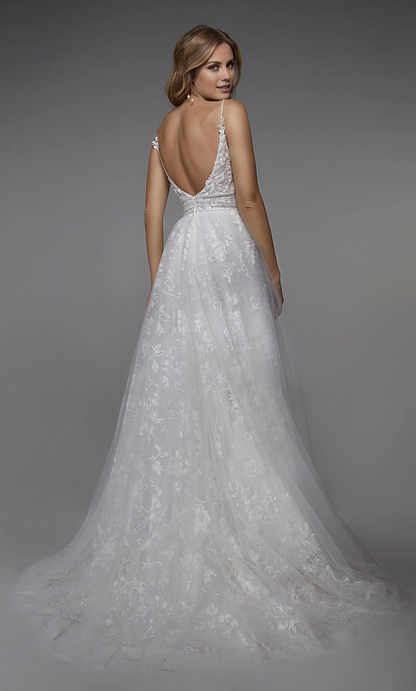 Chiffon lace deep V-neck A-line backless floral decals and floor length wedding dresses