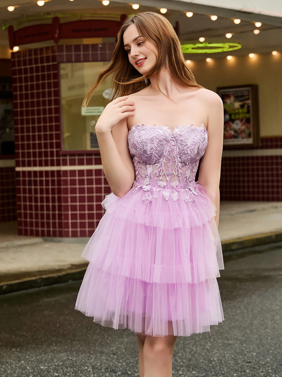 Strapless tight corset with layered chiffon upper layer short Homecoming dress