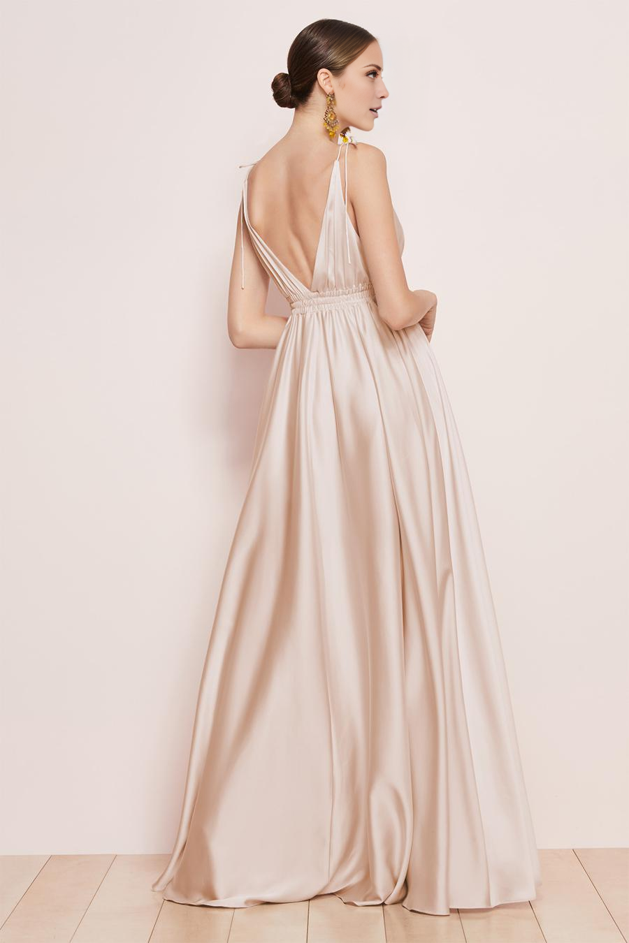 deep V-neck sleeveless lace up shoulder backless and floor length evening dress
