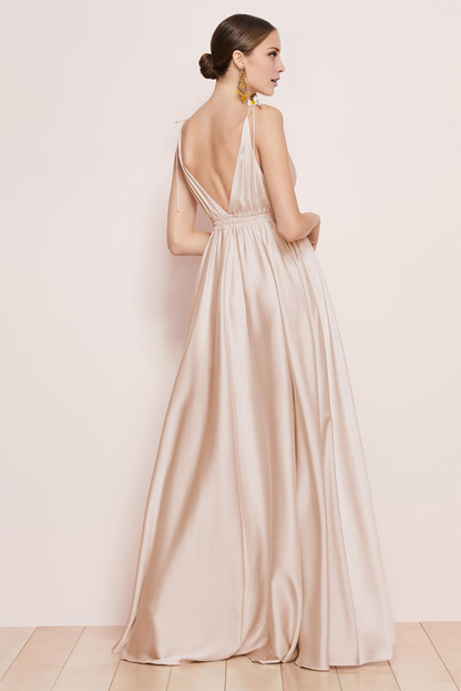 deep V-neck sleeveless lace up shoulder backless and floor length evening dress