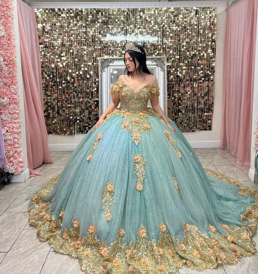 Quinceanera Dresses Off The Shoulder Ball Gown Gold Floral Appliques Handmade Flowers Lace Sweet 15 Party Dresses