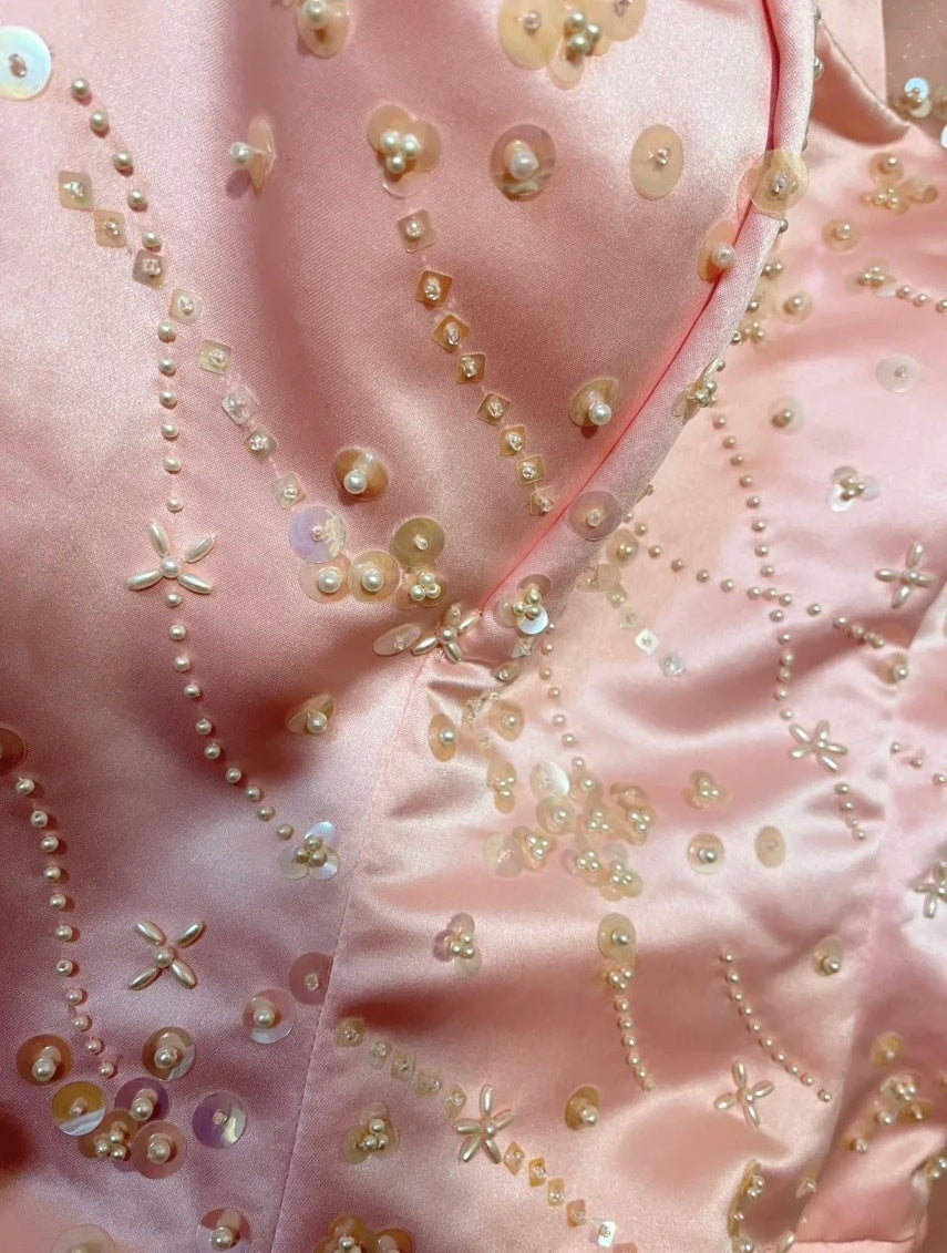Gorgeous Full Body Bead Decoration Pink Beaded Elegant Long Satin Ball Gown Evening Dress Party Dress gh4466