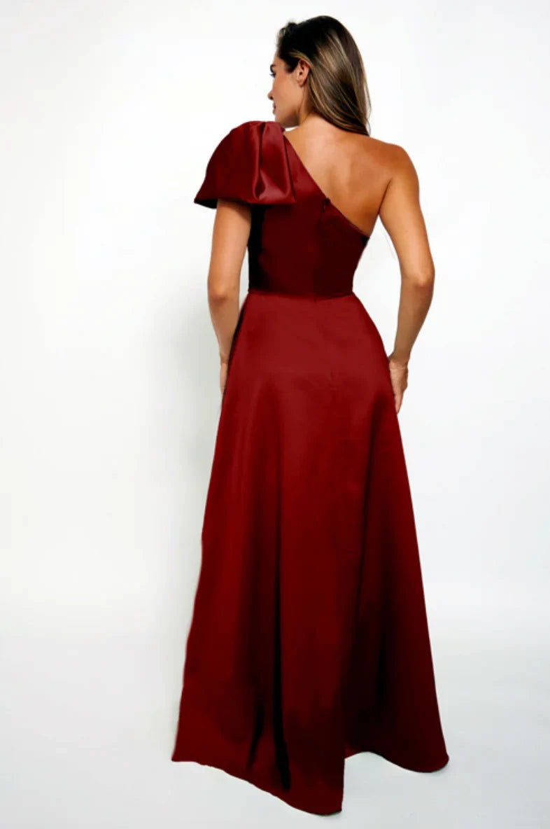 asymmetrical neckline sleeveless backless butterfly bow side slit and floor length evening dress