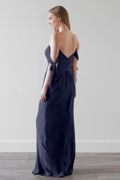 off shoulder collar strapless backless and floor length evening dress