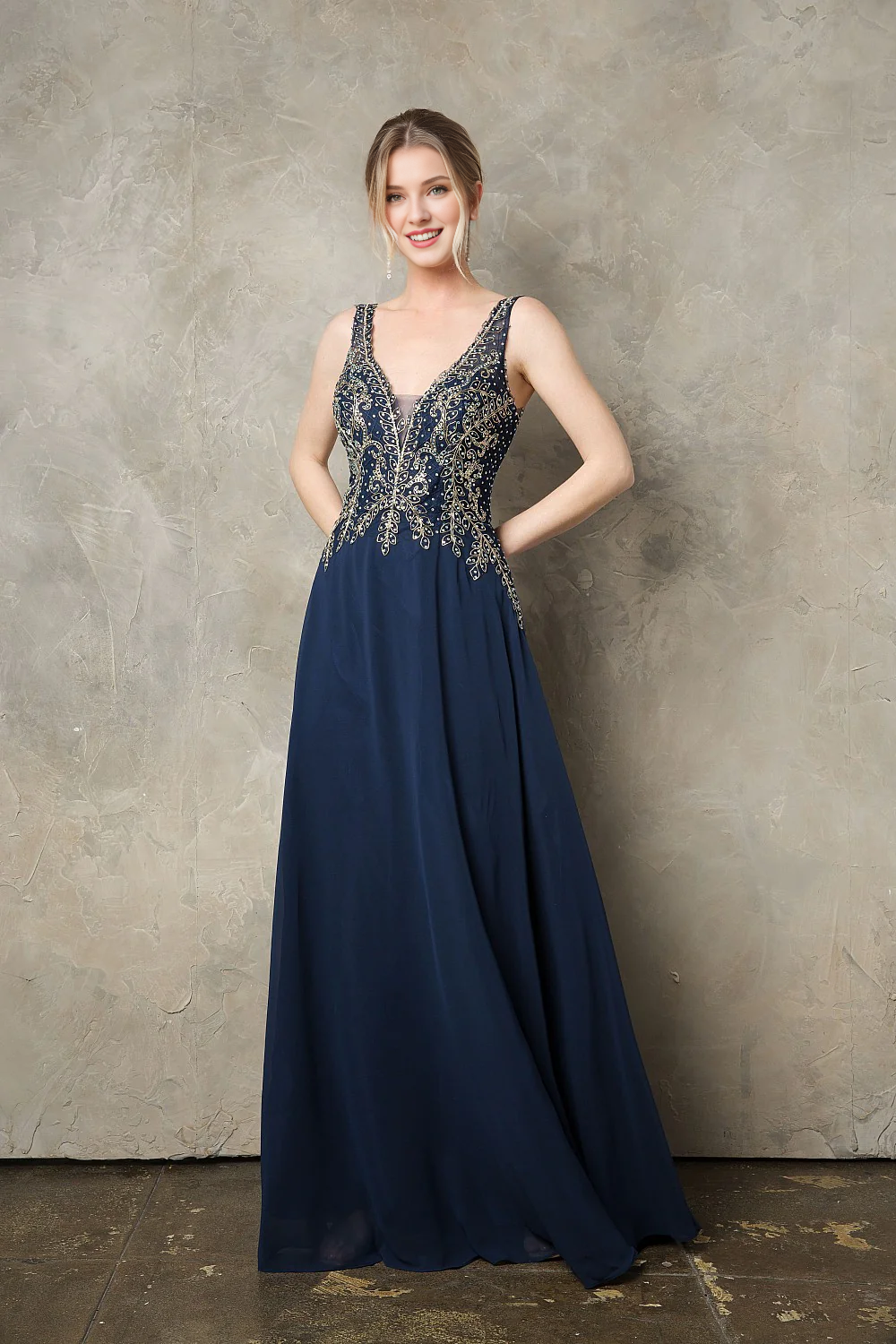 A-line skirt bead embroidery long sleeveless chiffon dress