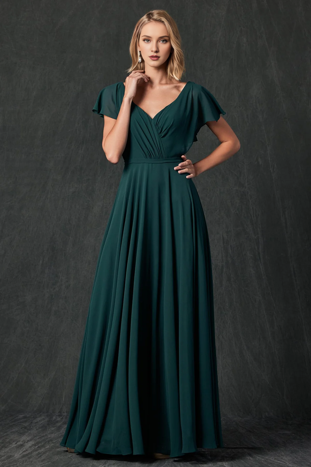 Stacked back transparent flowing sleeve chiffon dress