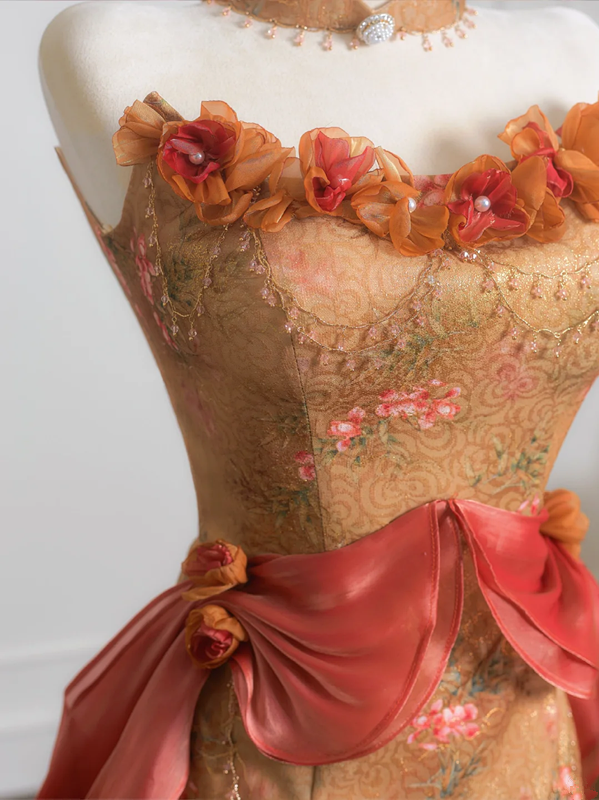 Orange strapless classic floral pattern fitted waist bodycon long ball gown R8227