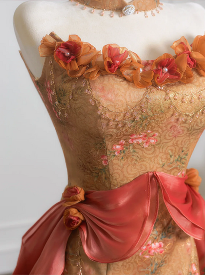 Orange strapless classic floral pattern fitted waist bodycon long ball gown R8227