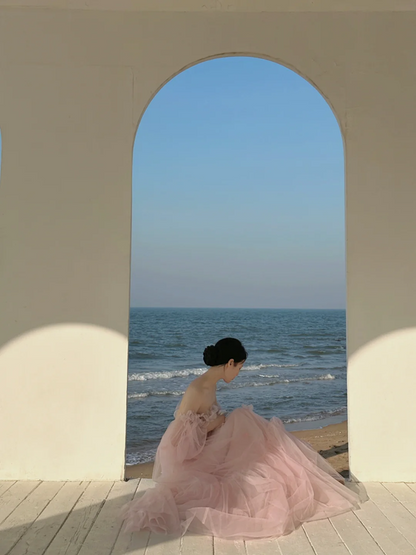 Light pink off‑the‑shoulder backless sexy long ball gown R7992