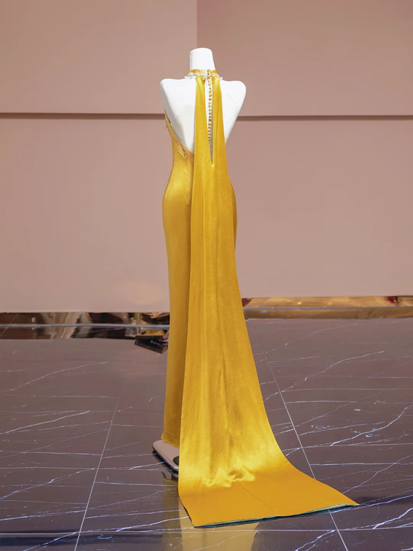Light blue and yellow spliced cheongsam sexy long ball gown R8335