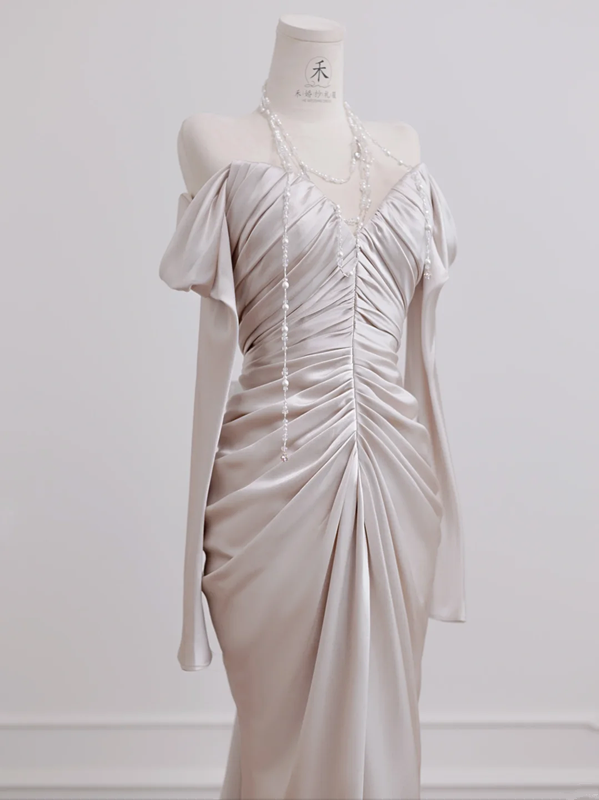 Light champagne-colored off-the-shoulder, fitted, long, sexy ball gown/bridal dress R8277
