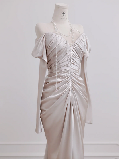 Light champagne-colored off-the-shoulder, fitted, long, sexy ball gown/bridal dress R8277