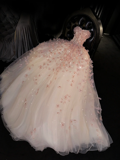 Pink strapless, fitted waist, full skirt, long ball gown R8733