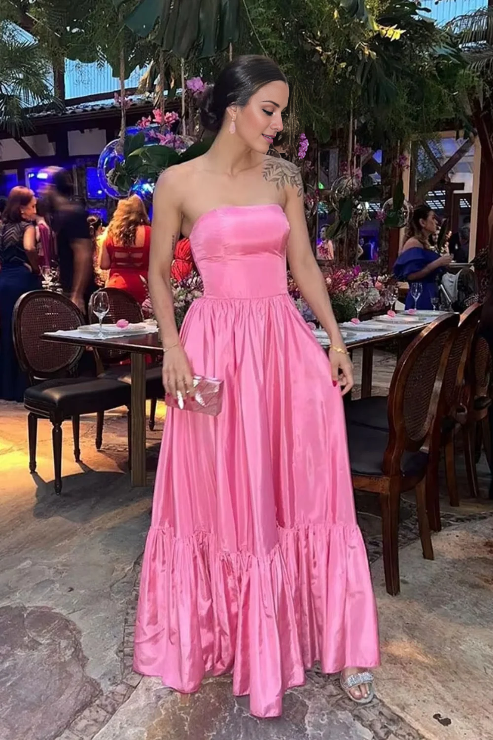 off shoulder pleated A-line slit and floor length dress