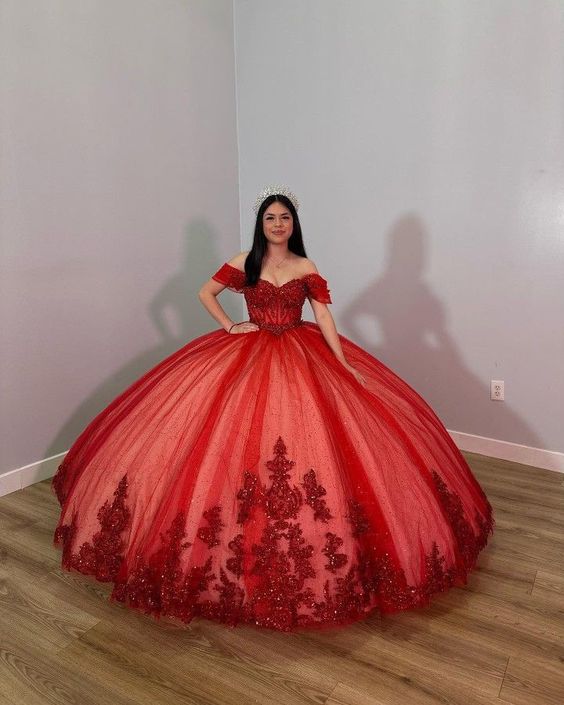 Red Off The Shoulder Ball Gown Red Sweet 16 Dress Princess Dress