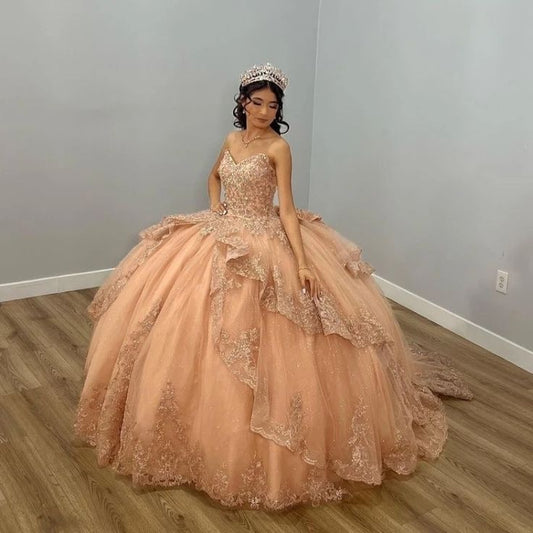 Champagne Shiny Off The Shoulder Ball Gown Quinceanera Dress Appliques Lace Beaded Birthday Party Gowns Sweet 16 vestidos