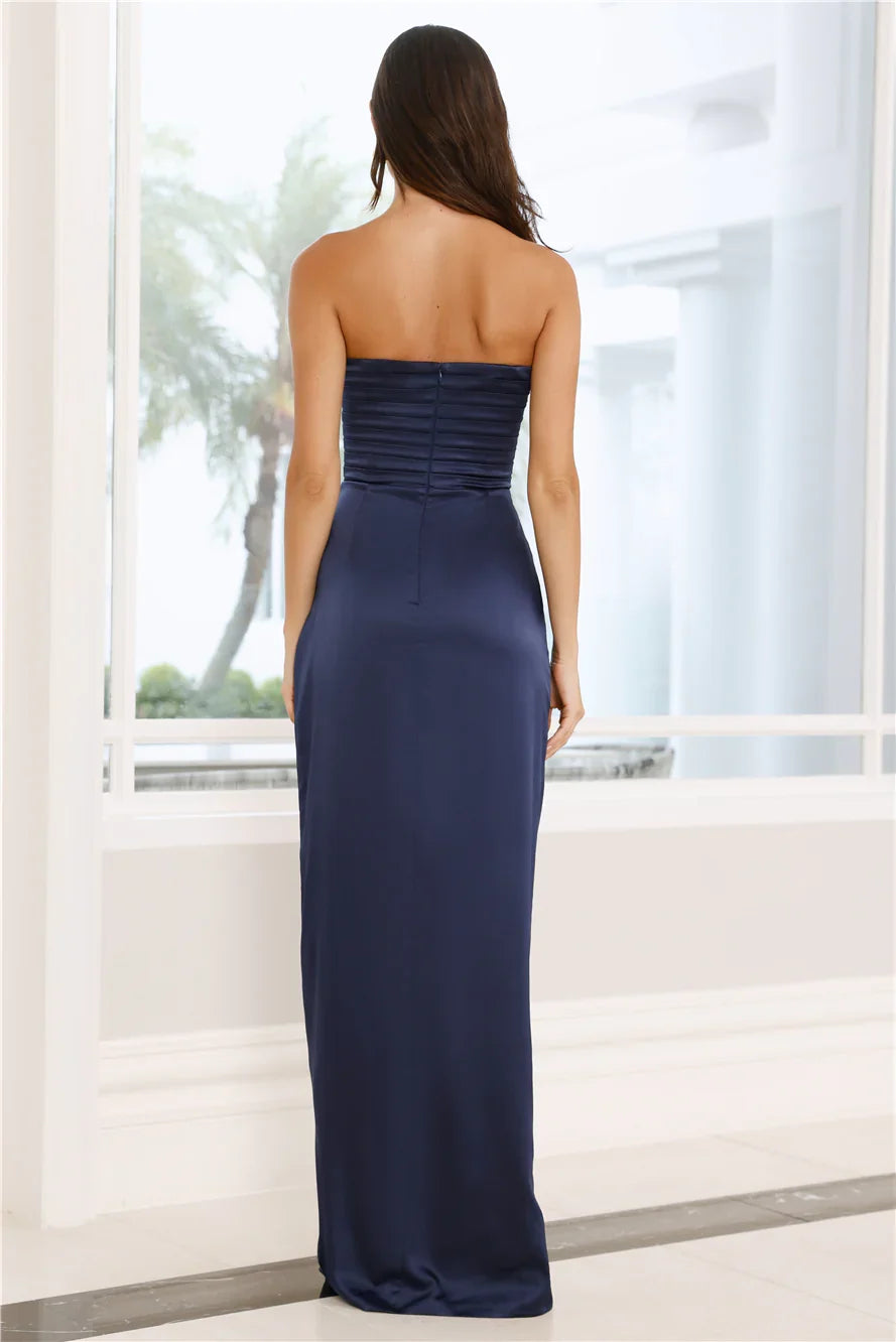 off shoulder collar satin backless side slit and floor length Prom dress