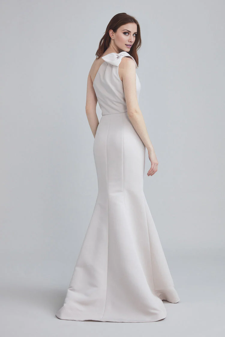 asymmetrical neckline off shoulder sleeveless bow detail backless and floor length Prom dress