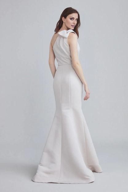 asymmetrical neckline off shoulder sleeveless bow detail backless and floor length Prom dress