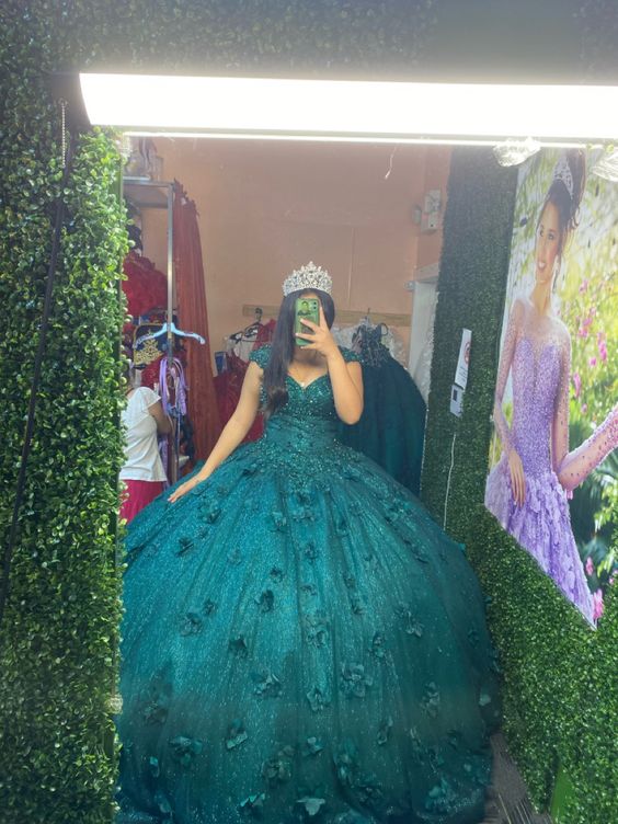 Emerald 3D Flowers Quinceanera Dress Sweet 15 16 Party Ball Gown