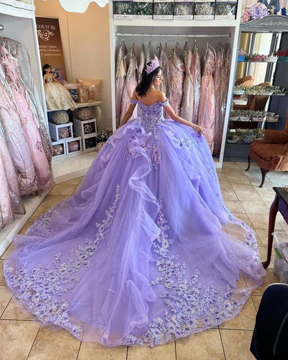 Ball Gown Quinceanera Dresses Beaded Appliques Lace Off Shoulder Tulle Sweet 15 16 Dress XV Prom Party Dress