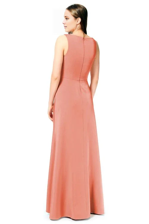 V collar off shoulder sleeveless pleated details and floor length evening dress
