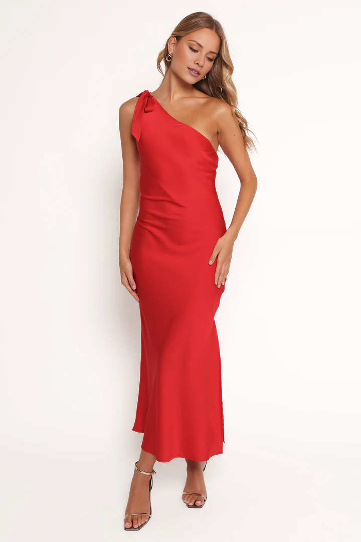 single shoulder collar satin side slit long Prom dress