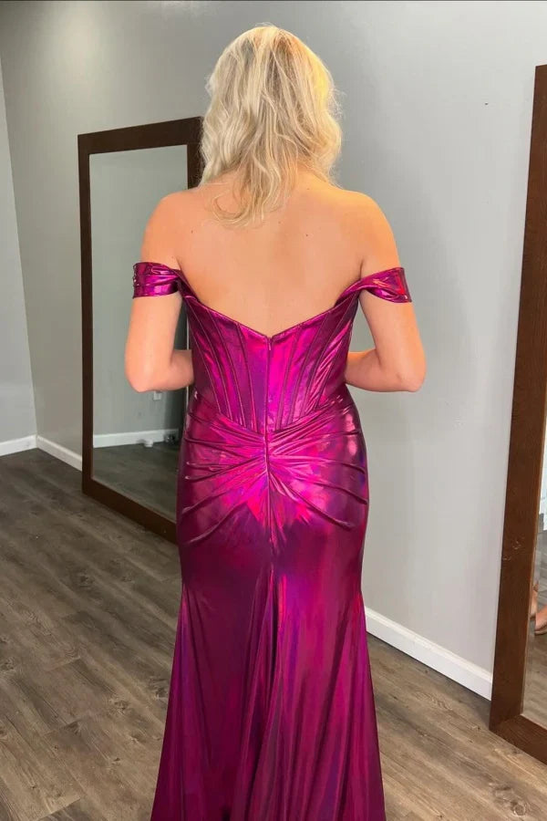minimalist slim fit off shoulder sleeveless pleated high side slit evening gown