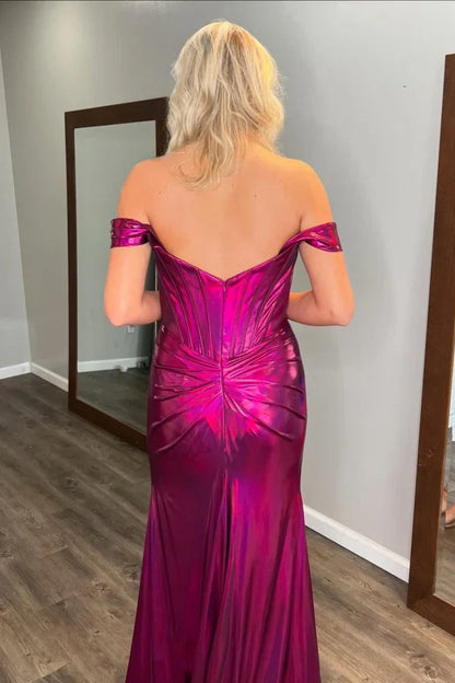 minimalist slim fit off shoulder sleeveless pleated high side slit evening gown