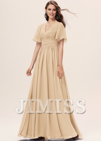 Ruffled A-line V-neck Floor-length Chiffon Bridesmaids Dress